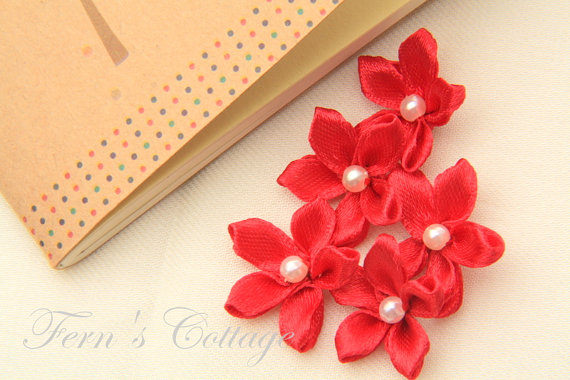 Red Satin Ribbon Flower - Handmade - Wedding Decoration - Applique -10 PCS