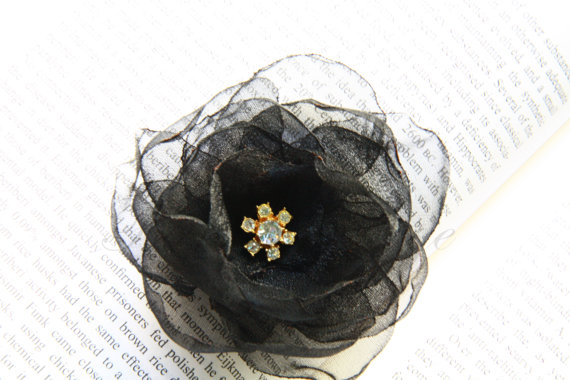 Black Organza Flower Hair Clip and Brooch