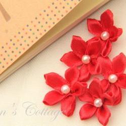 Red Satin Ribbon Flower - Handmade - Wedding Decoration - Applique -10 PCS