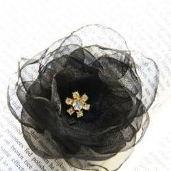 Black Organza Flower Hair Clip and Brooch